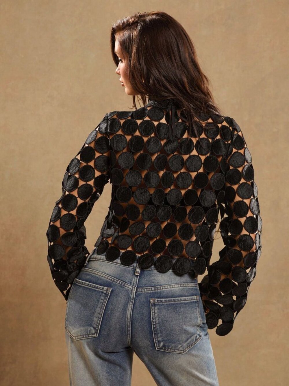 Black Casual Women's Sexy Cut Out Lace See-Through Sleeve Blouse - Picture 5 of 7